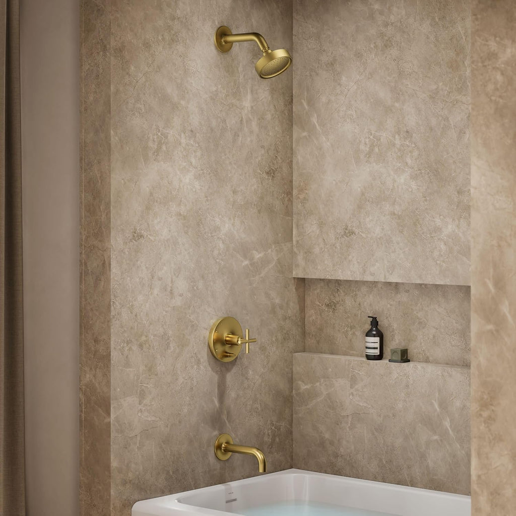 KOHLER Purist Rite-Temp Pressure-balancing Bath And Shower Faucet Trim With Push-button Diverter, 7-3/4-in Spout And Cross Handle, Valve Not Included
