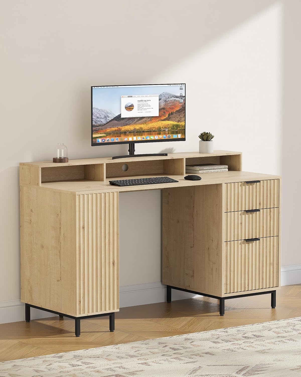 55'' Fluted Executive Desk with Drawers, Modern Home Office Computer Desk with Charging Station, File Drawer, Monitor Stand, Storage Shelf for Work Writing Study, Light Oak