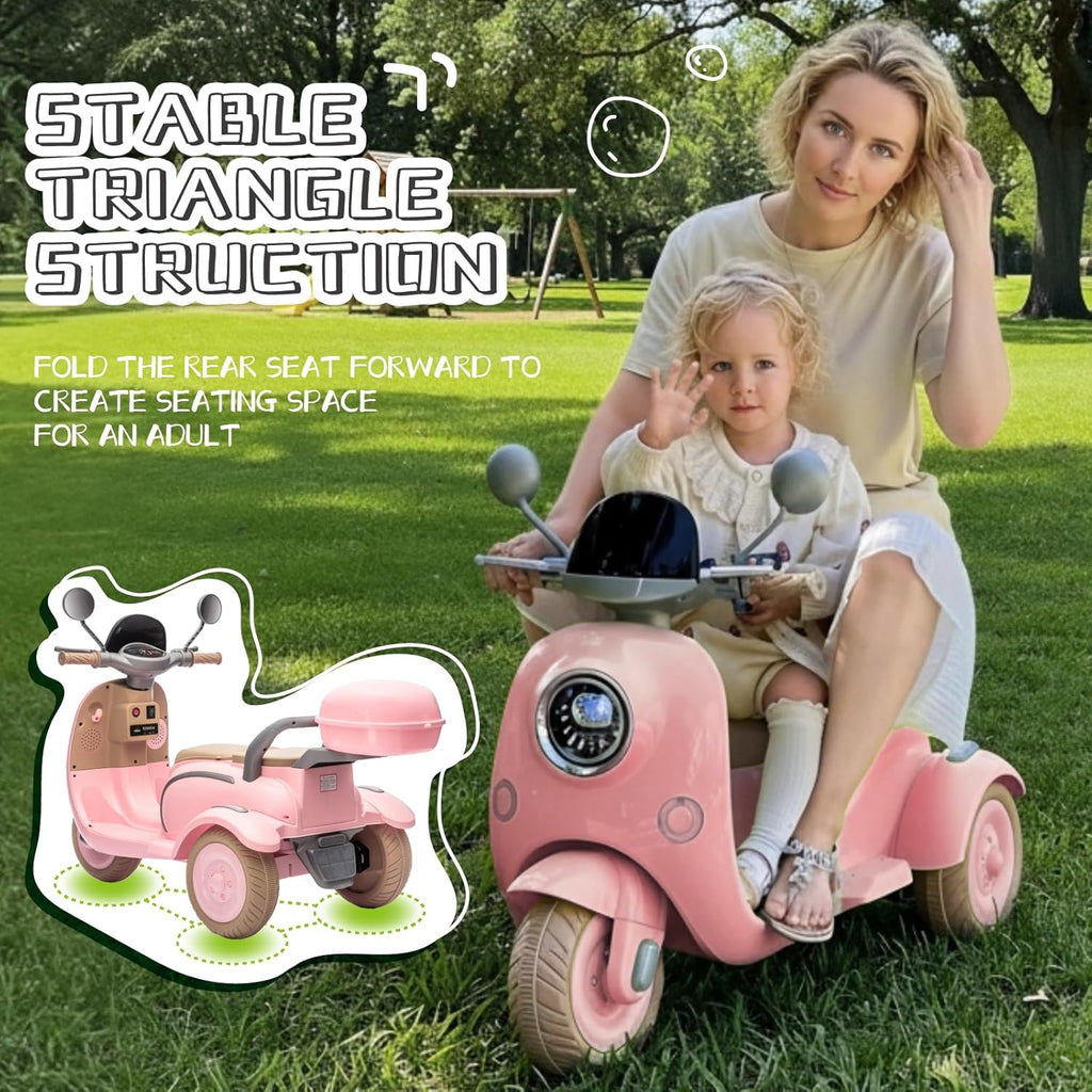 HEIMILI 12V 2-Seater Ride on Motorcycle for Kids, 3 Wheel Electric Motorbike with Dual 25W Motors, Toddler Moped Scooter with Bluetooth Music, Battery Powered Toy for Girls Boys 3-6 Years, Pink
