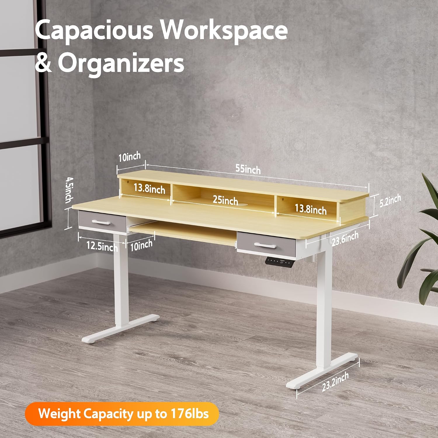 WALKINGDESK 55 Inches Electric Standing Desk with Keyboard Tray, Height Adjustable Sit to Stand Table with 2 Drawers, Ergonomic Home Office Desk with Storage Shelf, Computer Table, Oak