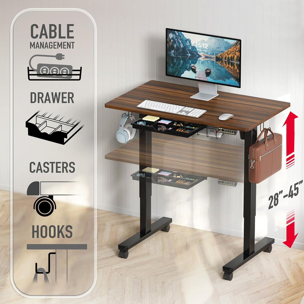 SHW 40-Inch Mobile Electric Height Adjustable Sit to Stand Desk with Drawer, Hanging Hooks and Cable Management, Walnut