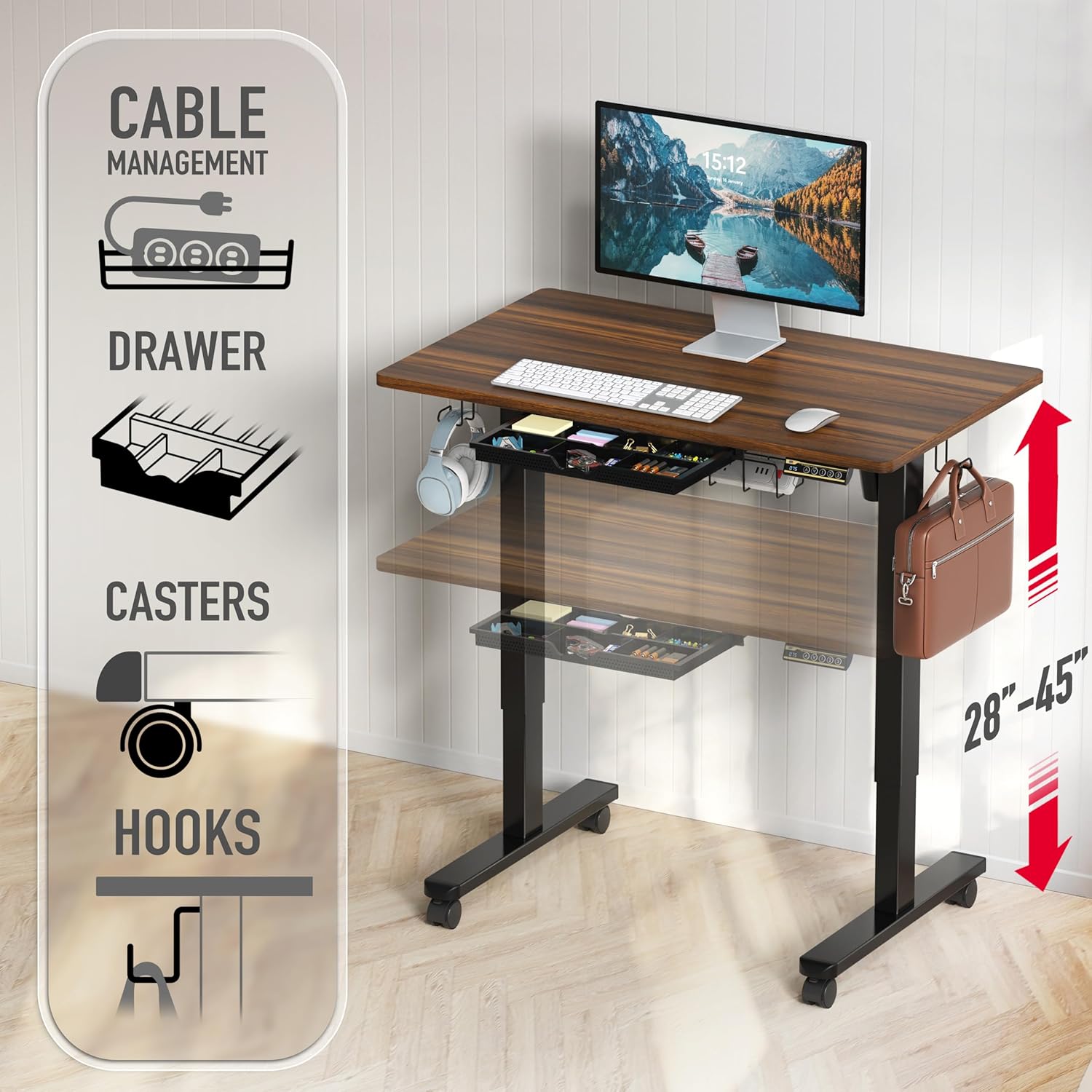 SHW 40-Inch Mobile Electric Height Adjustable Sit to Stand Desk with Drawer, Hanging Hooks and Cable Management, Walnut