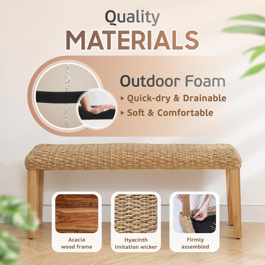 Outdoor Backless Bench, All-Weather Wicker & Solid Acacia Wood, Premium Garden Bench with Woven Rattan Seat and Thick Outdoor Cushion for Patio, Porch, Living Room or Entryway (Natural, PE Wicker).