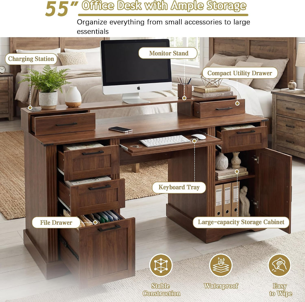 RiteSune 59.5' Farmhouse Computer Desk with USB Charging Station, Fixed Monitor Stand with Drawers, Keyboard Tray & File Cabinet, Home Office Writing Desk with Large Storage