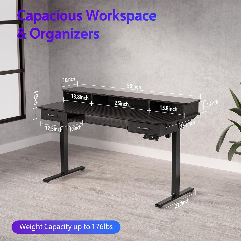 WALKINGDESK 55x24 Inches Electric Standing Desk with Keyboard Tray, Height Adjustable Stand up Desk with 2 Drawers, Ergonomic Sit to Stand Desk with Storage Monitor Stand, Computer Table, Black