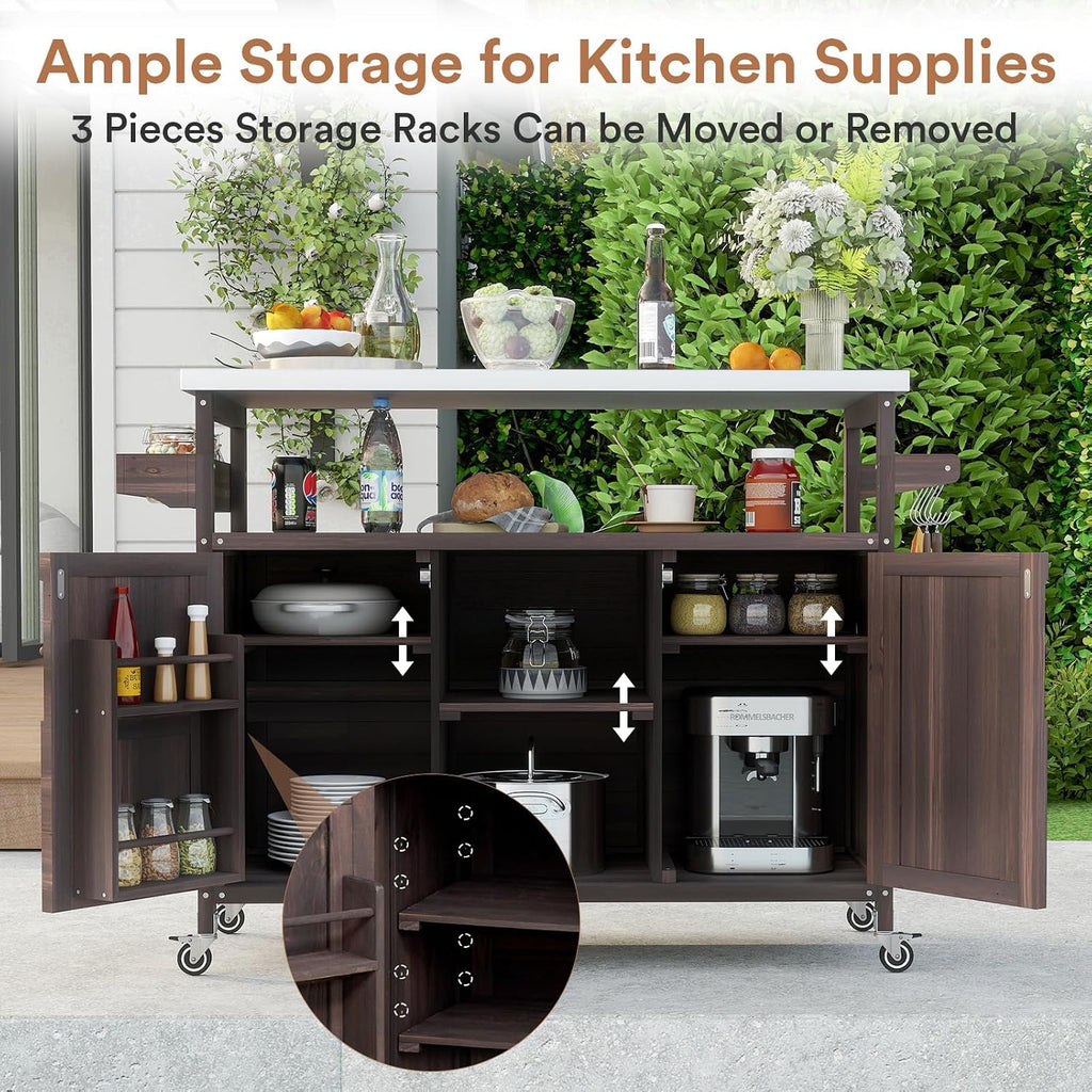 Zevemomo Outdoor Grill Cart with Storage Space, Stainless Steel Tabletop Outdoor Kitchen Island, Fir Wood Outdoor Buffet Cabinet with Lockable Casters for Grilling, Brown
