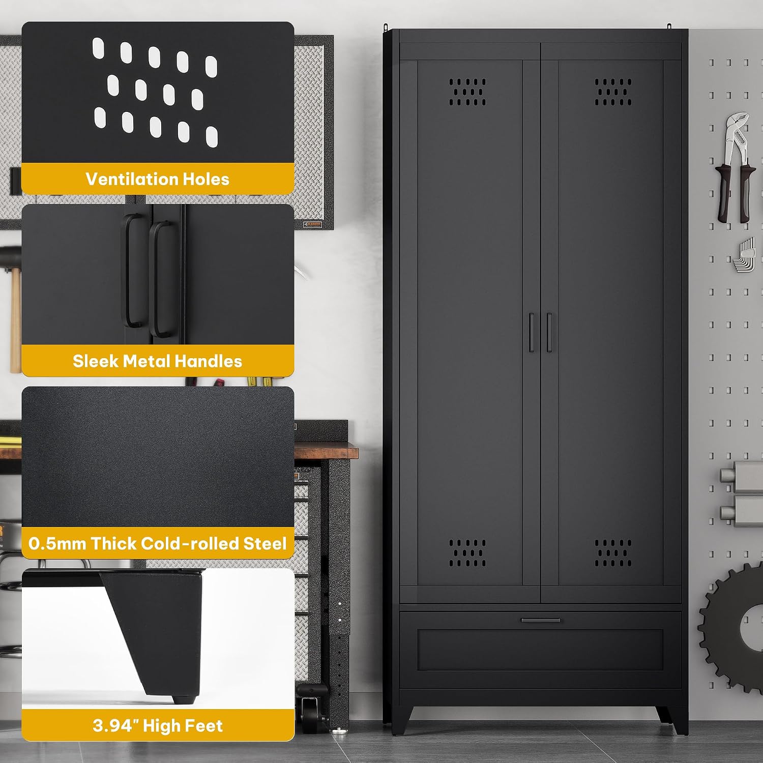 DWVO Metal Garage Storage Cabinet with Pegboard, 71' Tall Broom Cabinet with Lights, Adjustable Shelves, Heavy Duty Tool Storage Cabinet for Garage, Cleaning Room, Gym