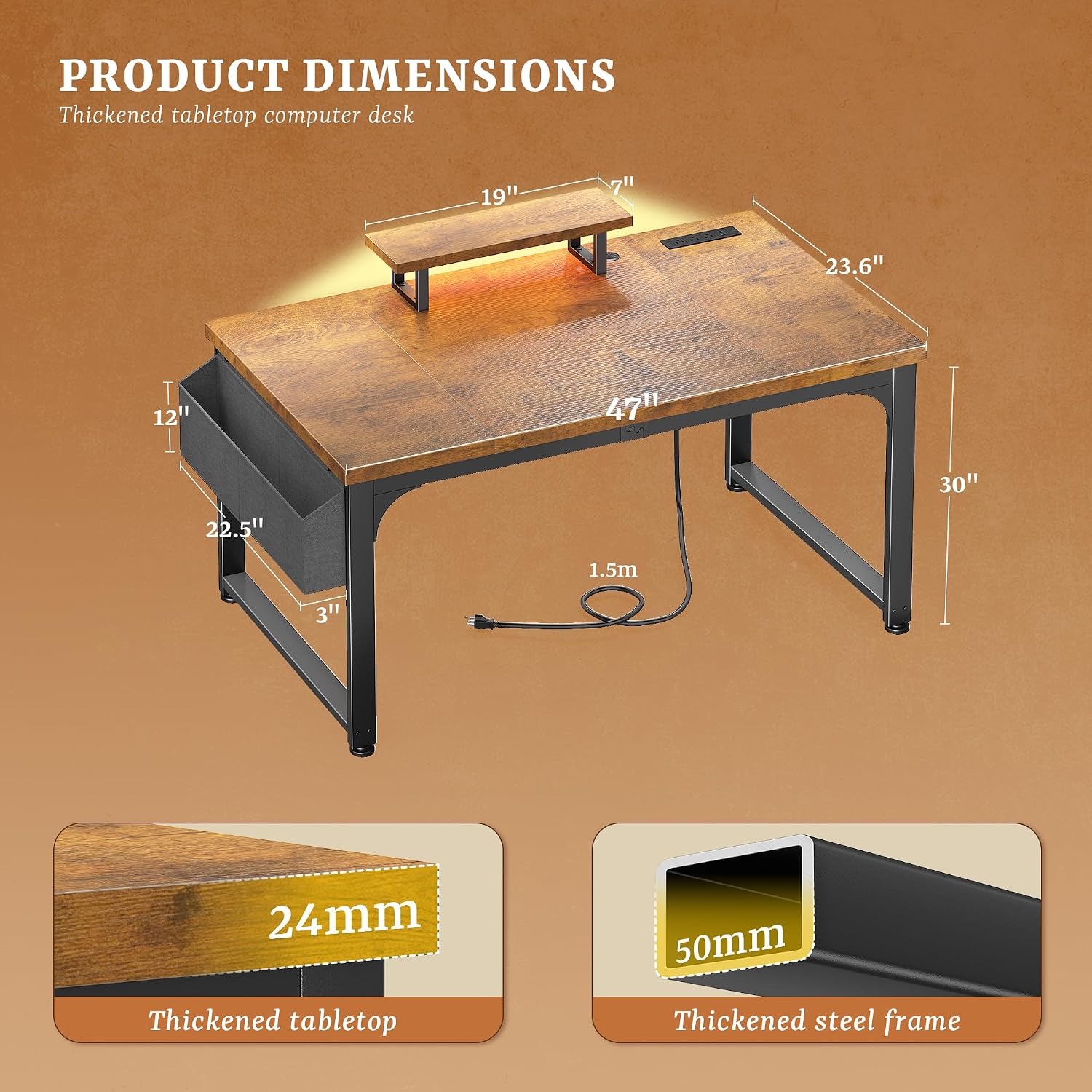 DurayLoly 47 Inch Small Computer Desk with Power Outlets & LED Lights, Storage Bag & Headphone Hook, Space-Saving Office Desk for Home Office or Study, Sturdy Writing Table for Professionals, Brown