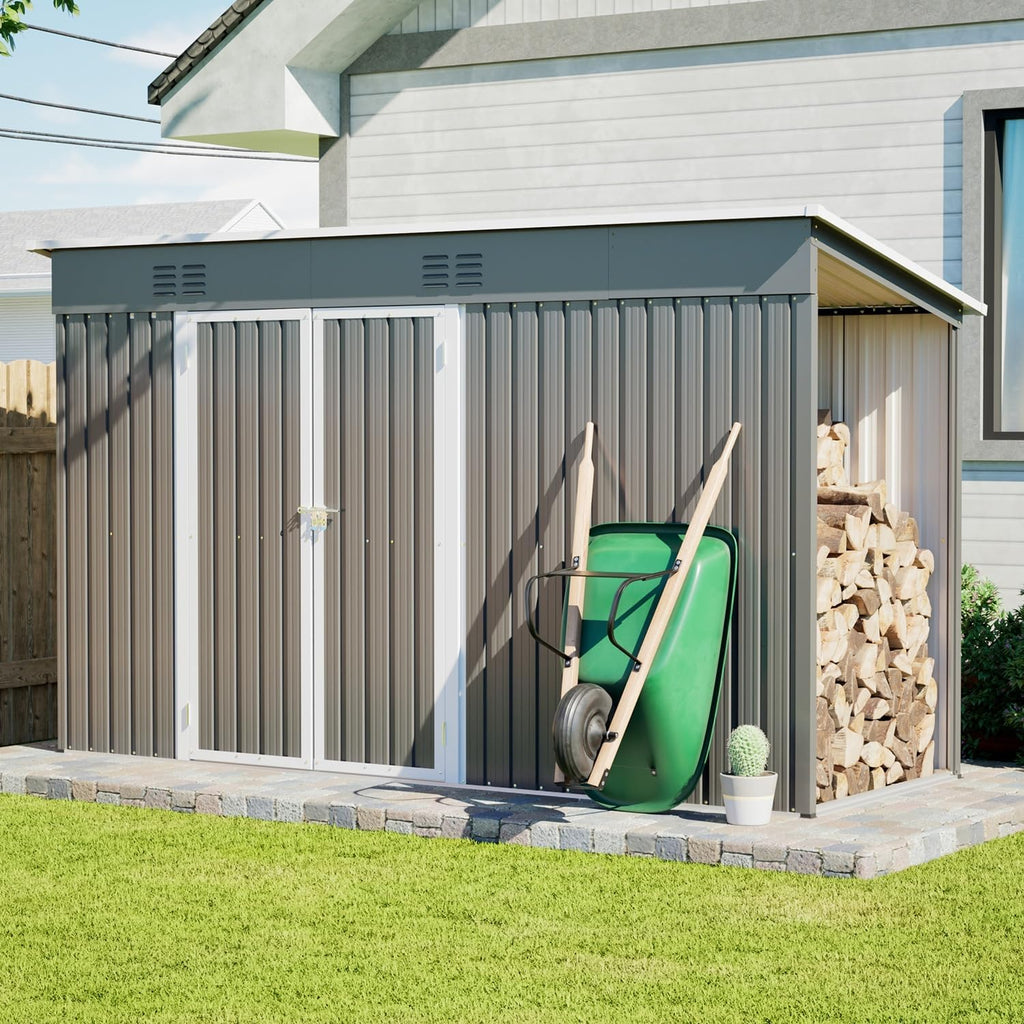 10x4 FT Outdoor Storage Shed with Frame Floor, Open Firewood Bay, 2 Vents – Lockable Double Doors, Aluminum Frame, Weatherproof for Garden, Backyard, Patio, and Equipment Storage