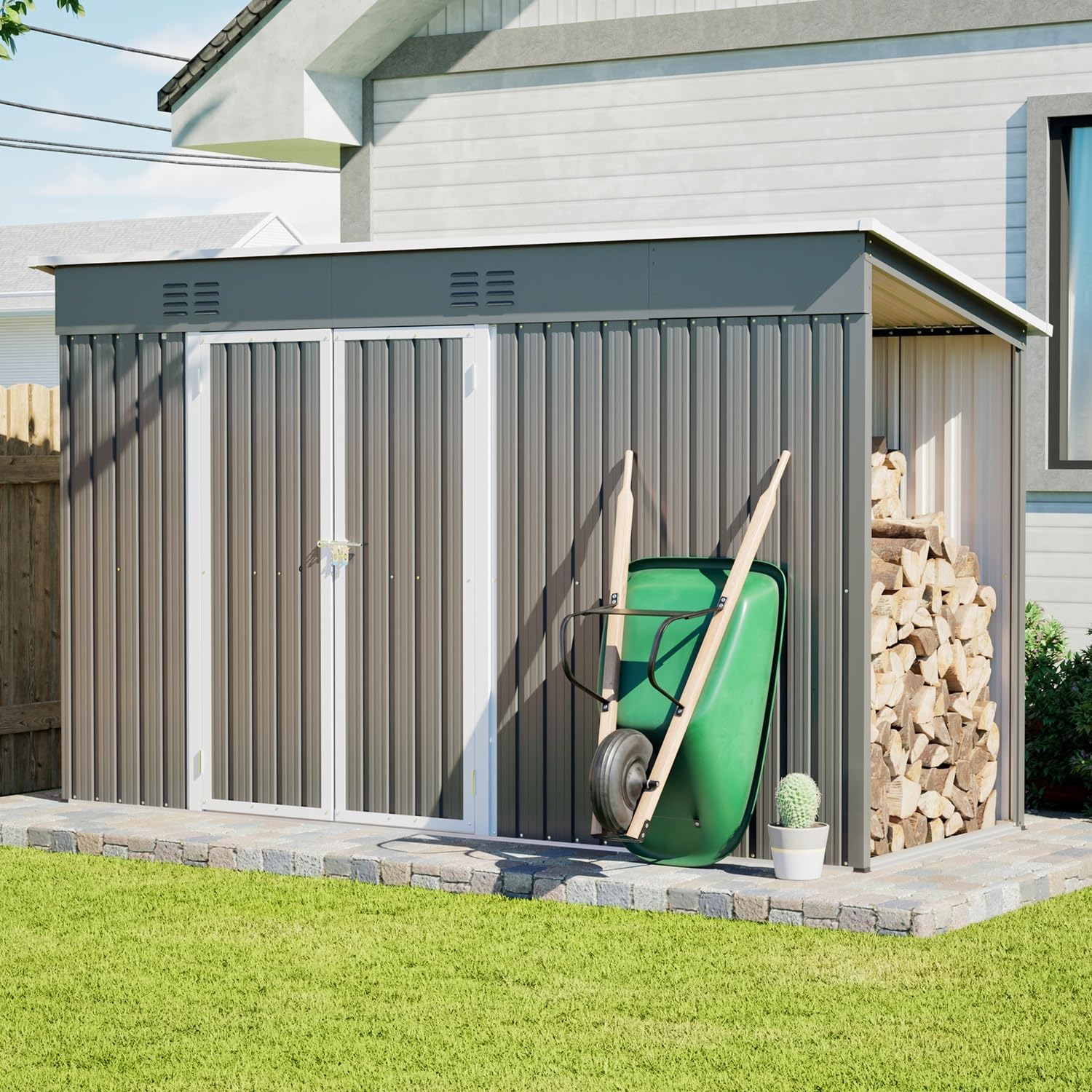 10x4 FT Outdoor Storage Shed with Frame Floor, Open Firewood Bay, 2 Vents – Lockable Double Doors, Aluminum Frame, Weatherproof for Garden, Backyard, Patio, and Equipment Storage