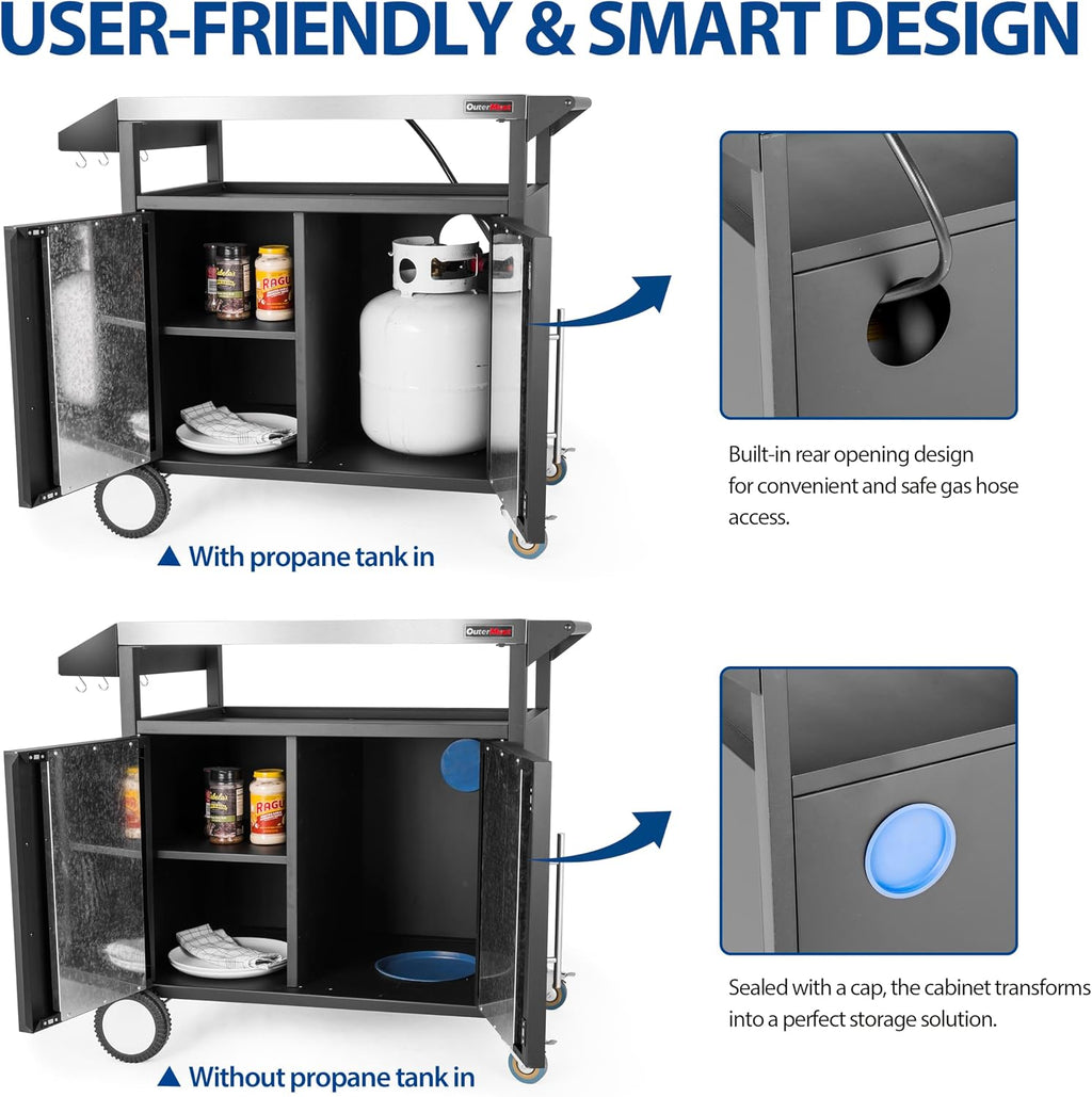 OuterMust Grill Table Outdoor Kitchen Cabinet, Moveable Outdoor Prep Table & Bar for Storage, Grilling and Pizza Oven, Multifunctional Silver & Black