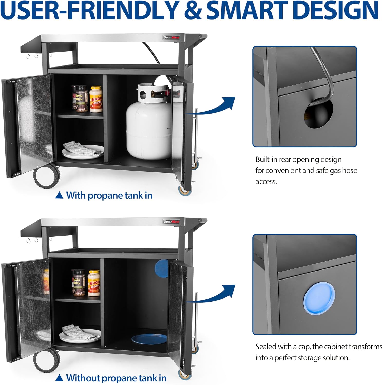OuterMust Grill Table Outdoor Kitchen Cabinet, Moveable Outdoor Prep Table & Bar for Storage, Grilling and Pizza Oven, Multifunctional Silver & Black
