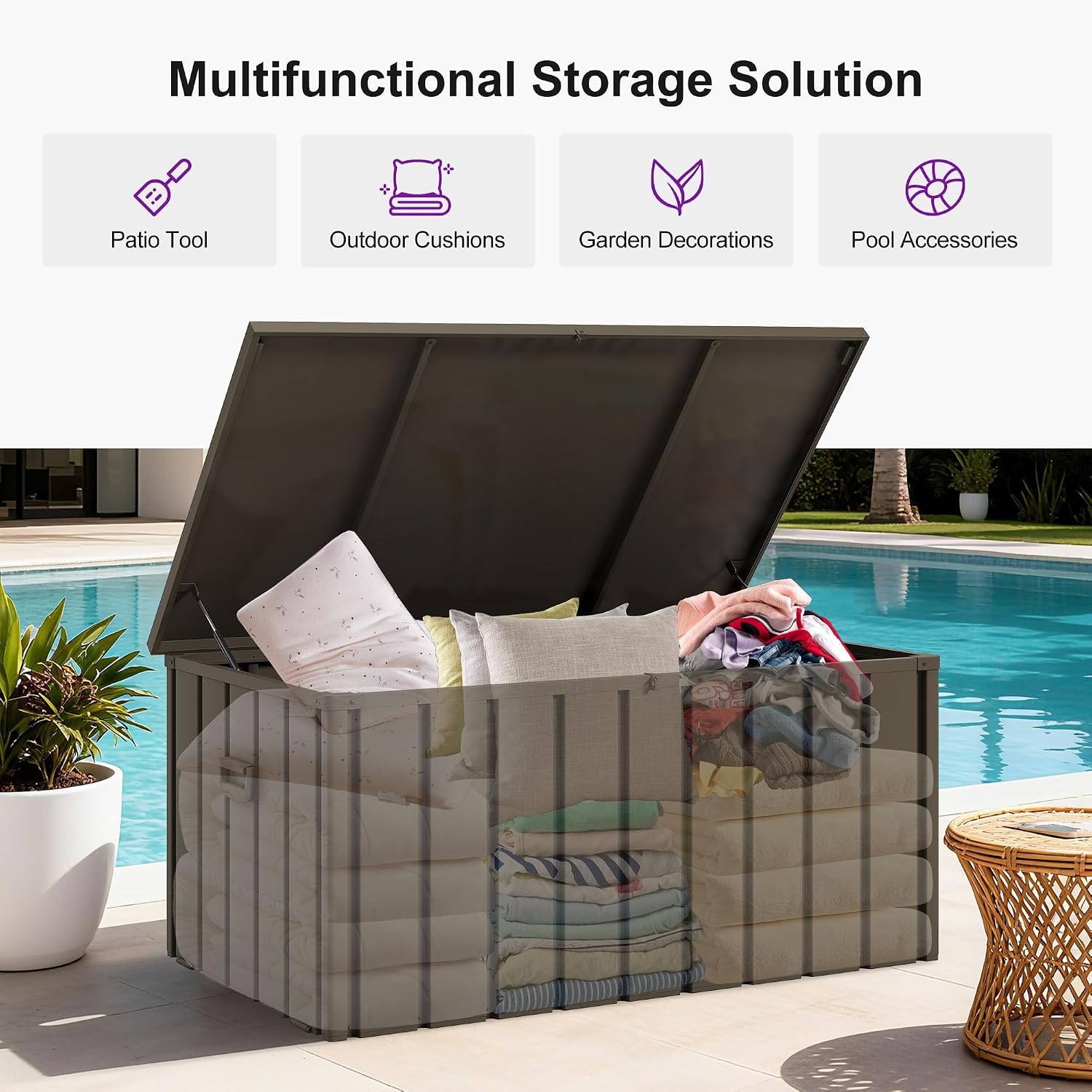 PURPLE LEAF Outdoor Deck Box 100 Gallon Waterproof Lockable Storage Box Container with Lid Deck Organization for Patio Cushions Side Table Pool Accessories Garden Tools, Brown