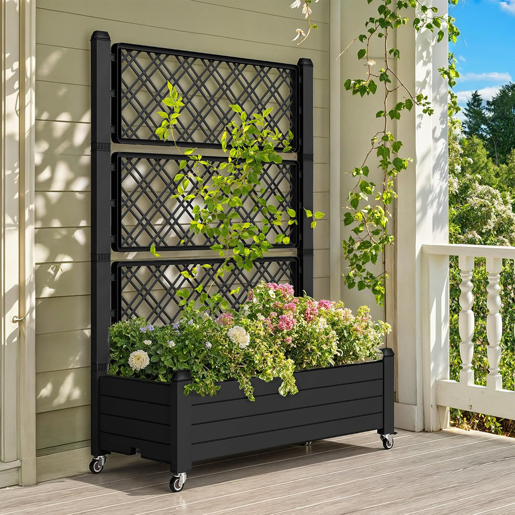 DWVO 3.6 x 1.5 x 5 FT Raised Garden Bed with Trellis, Large Outdoor Planter Trellis Box with Drainage Holes and Wheels for Climbing Plants, Black
