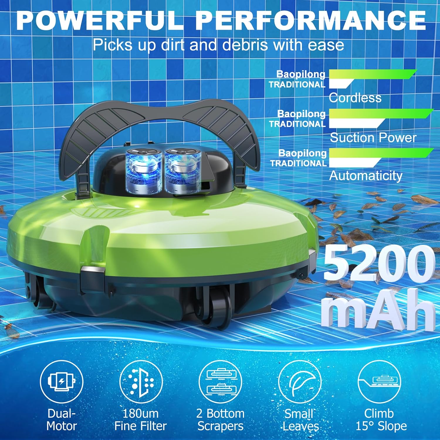 2026 Cordless Robotic Pool Cleaner - 120 Mins Automatic Pool Vacuum for Above Ground Pool & In - Ground Flat Pools up to 1000 Sq.Ft, Robot Pool Cleaner with Self - Parking Tech