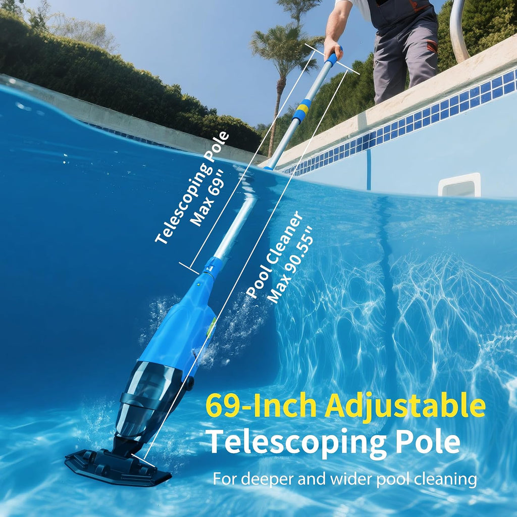 Cordless Rechargeable Pool Vacuum for Above & In-Ground Pools – 18GPM Suction, 90 Min Runtime, Fast 3H Charge, 69' Telescopic Pole – Deep Clean for Spa, Hot Tub, Sand, Leaves, Debris (Blue)