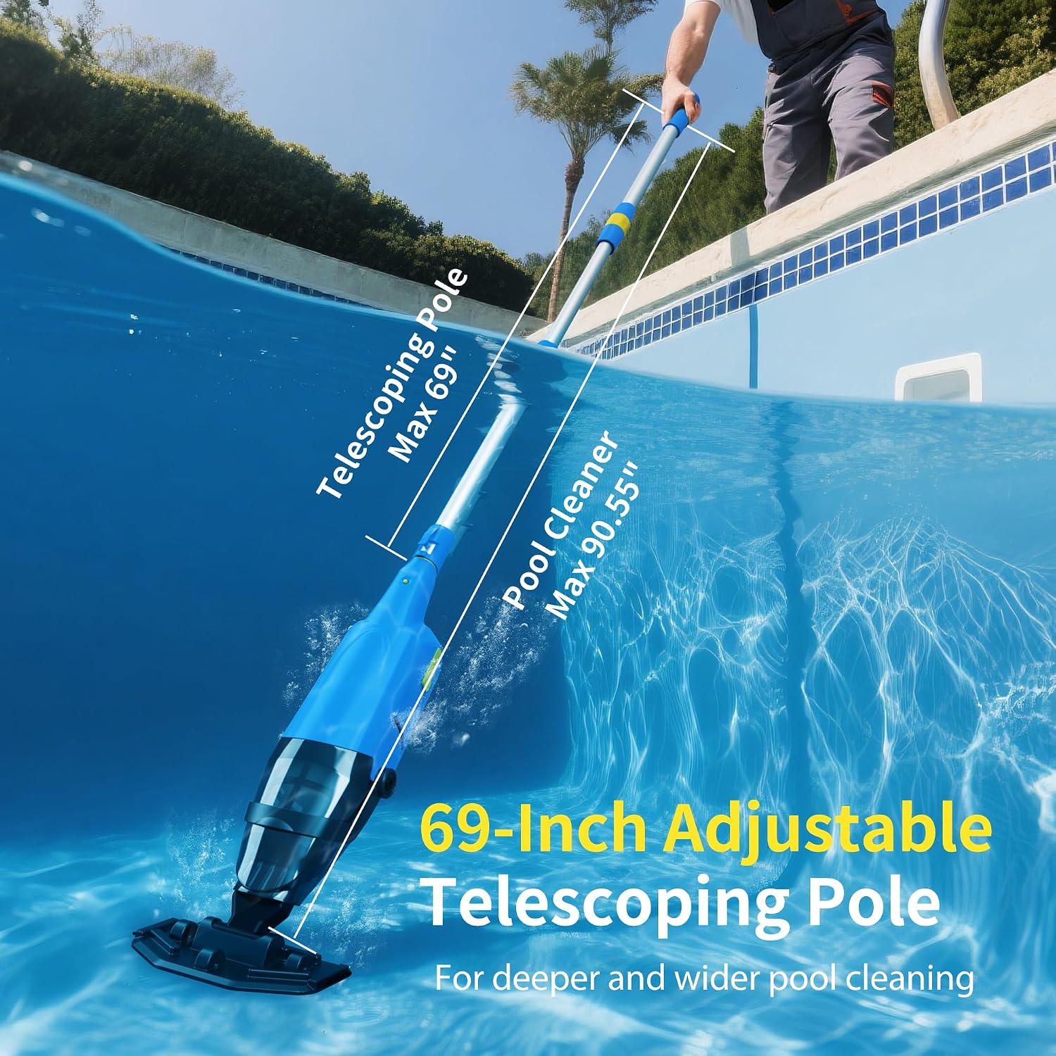 Cordless Rechargeable Pool Vacuum for Above & In-Ground Pools – 18GPM Suction, 90 Min Runtime, Fast 3H Charge, 69' Telescopic Pole – Deep Clean for Spa, Hot Tub, Sand, Leaves, Debris (Blue)