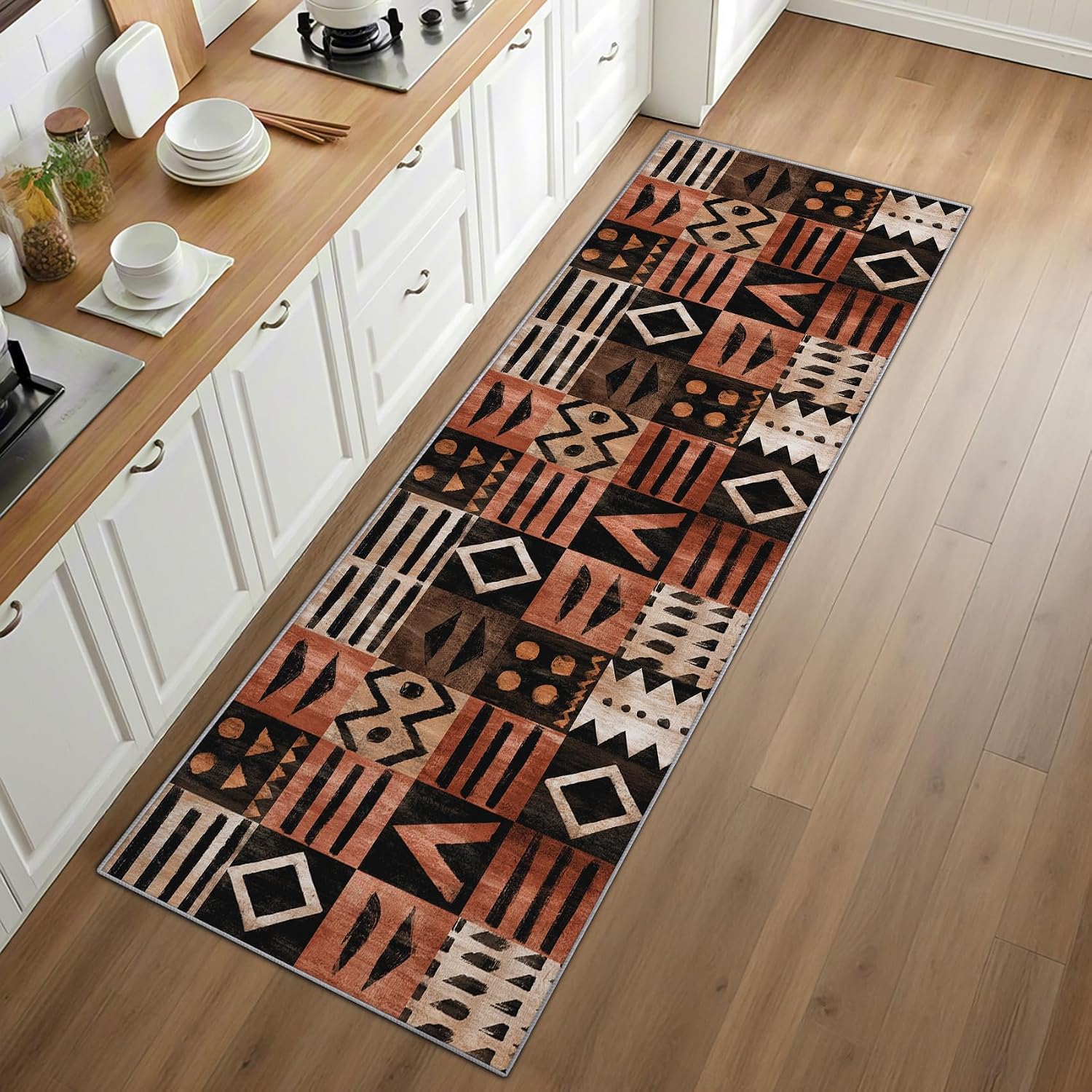 Tribal Runner Rug for Hallway - 4x12 Washable Rug Runner Non Slip - African Boho Kitchen Rugs - Afro Ethnic Geometric Carpet Runners for Hallway, Laundry Room, Bedroom, Bathroom