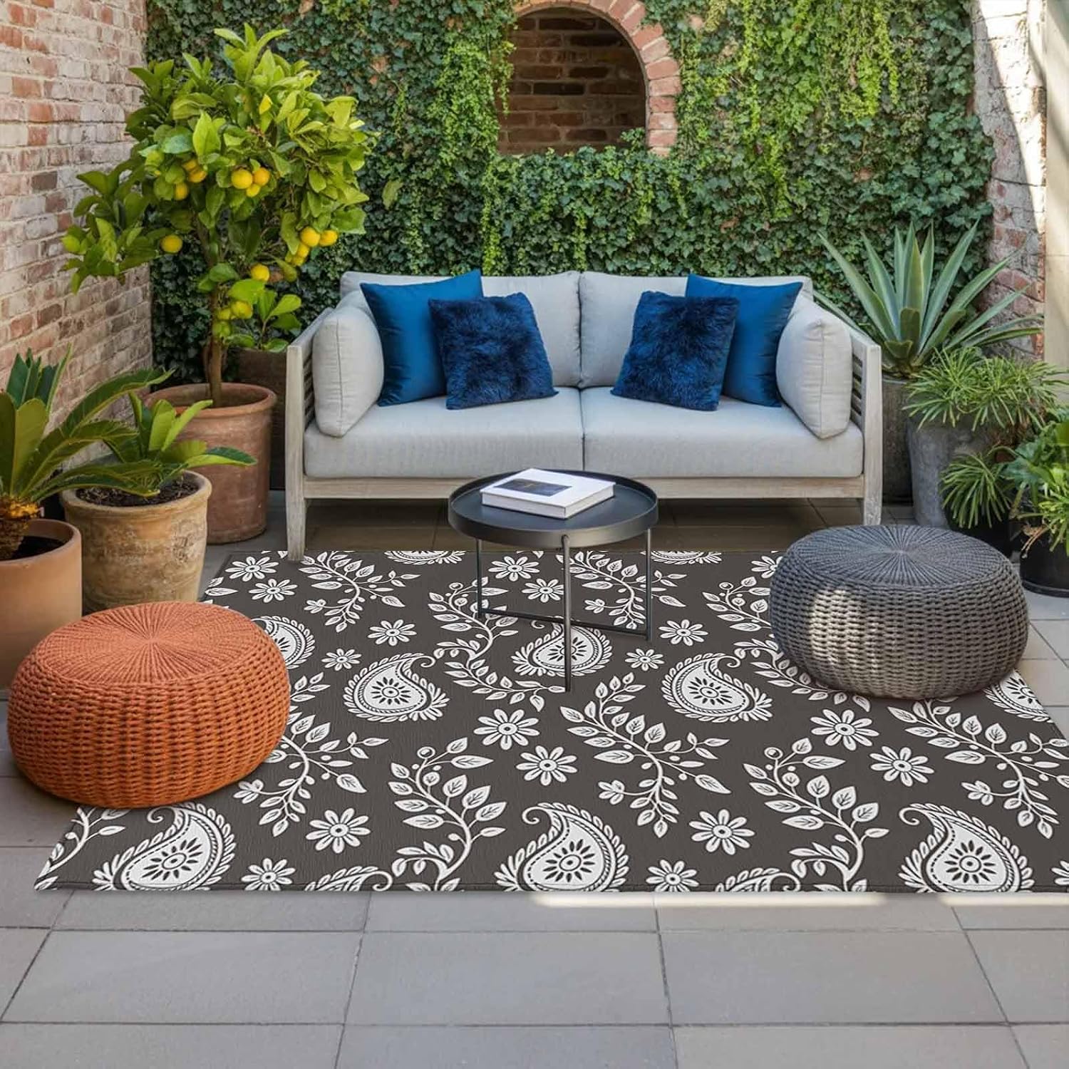 Grey Paisley Outdoor Rug for Patio/Deck/Porch, Non-Slip Large Area Rug 5 x 7 Ft, Ethnic Vintage Floral Botanical Abstract Indoor Outdoor Rugs Washable Area Rugs, Reversible Camping Rug Carpet Runner