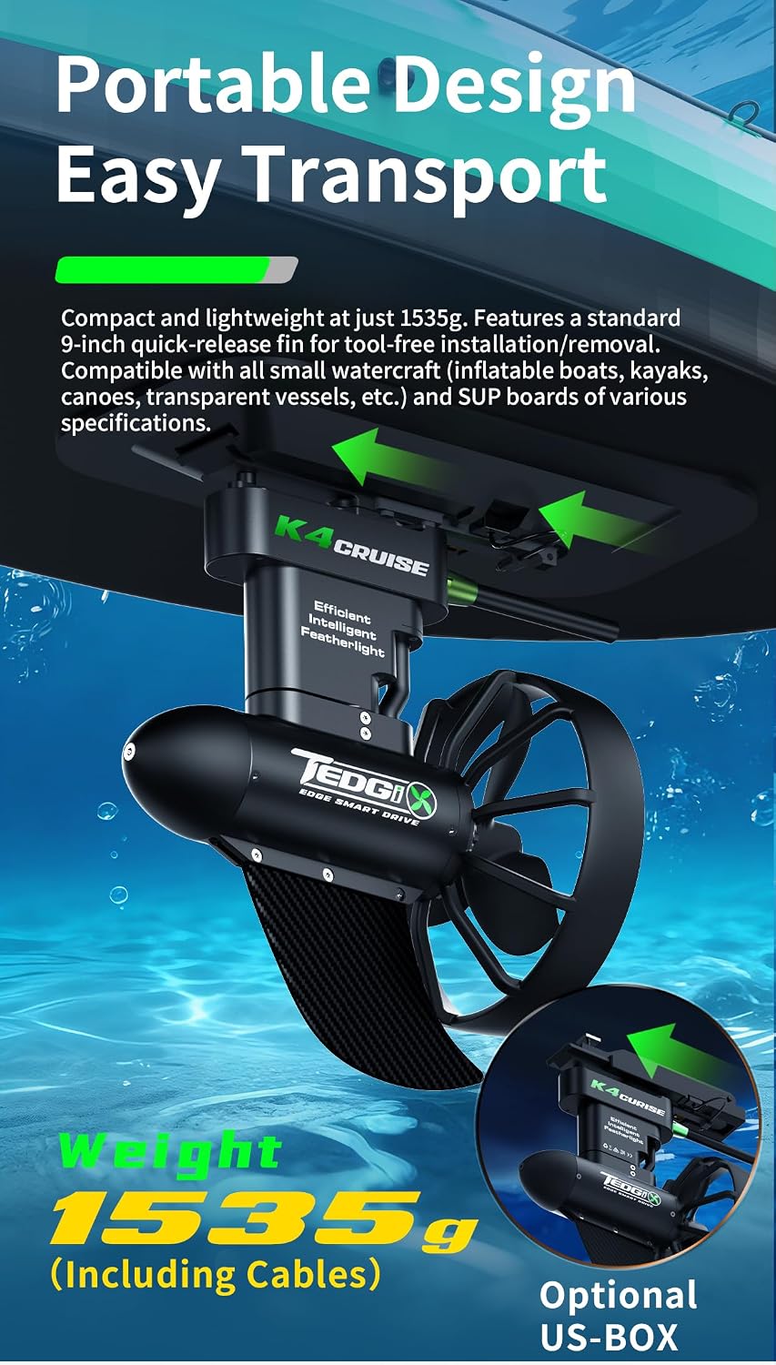 K4C Paddle Board Motor Low-Noise Electric Fin Max 22lb Thrust/6MPH,190Wh B2 Battery for 2.5h,Steerable Kayak Trolling Sup Motor Kit with Intelligent Remote,Edge Underwater Thruster