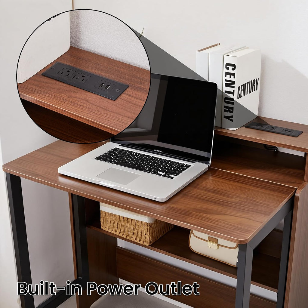 Fold Out Desk with Charging Station, Folding Desk with Monitor Stand,Storage Shelf,Small Foldable Desk for Compact Home Office Spaces
