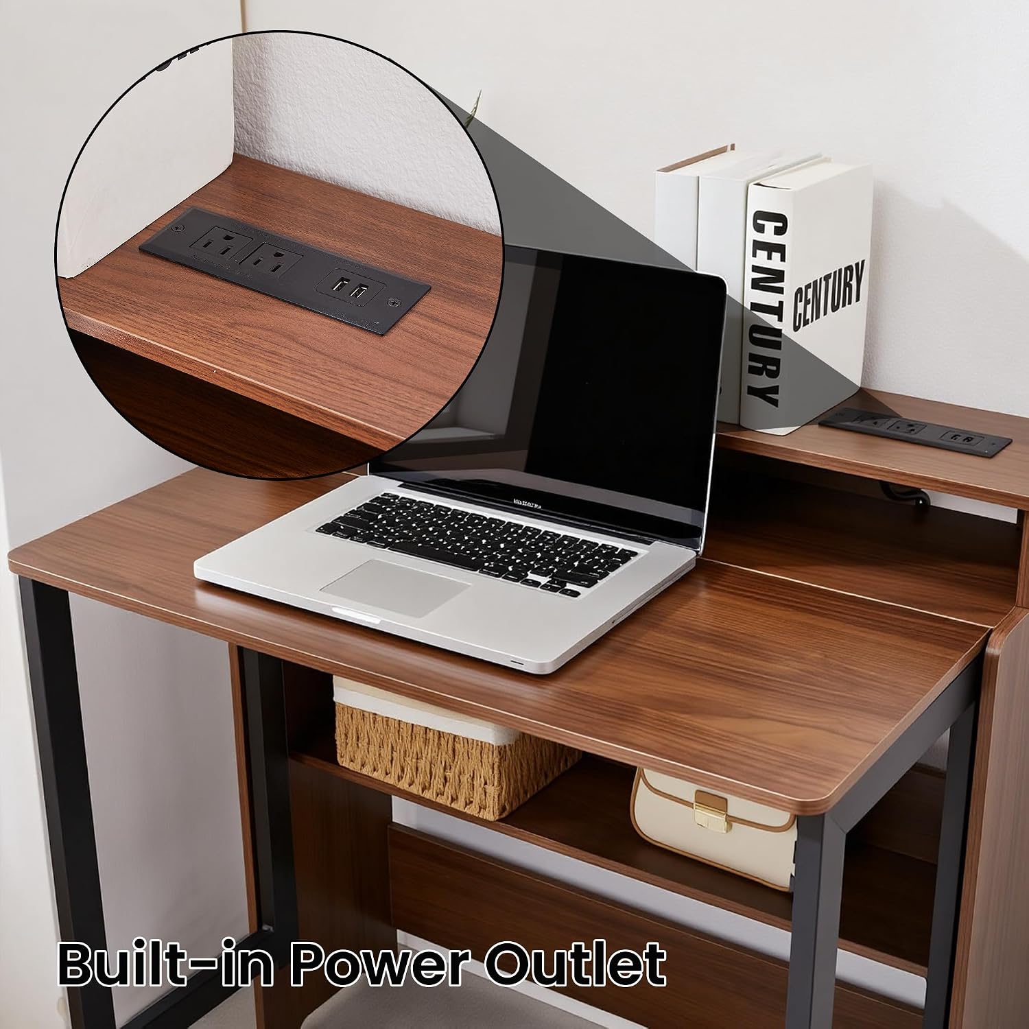 Fold Out Desk with Charging Station, Folding Desk with Monitor Stand,Storage Shelf,Small Foldable Desk for Compact Home Office Spaces