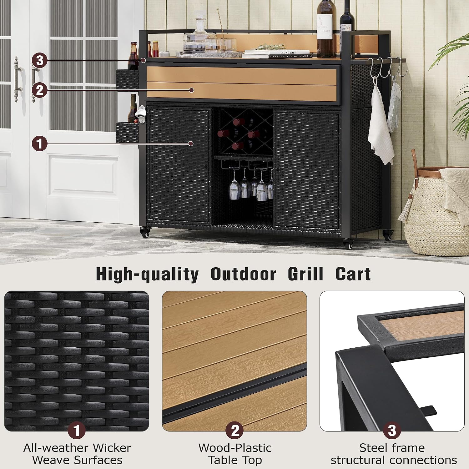 52.8' W Wicker Outdoor Bar Cart Table with Extended Plastic Wood Table Top, Outdoor Grill Cart with Large Storage Cabinet, for Patio Backyard Garden Poolside, Double Handle Design, Black