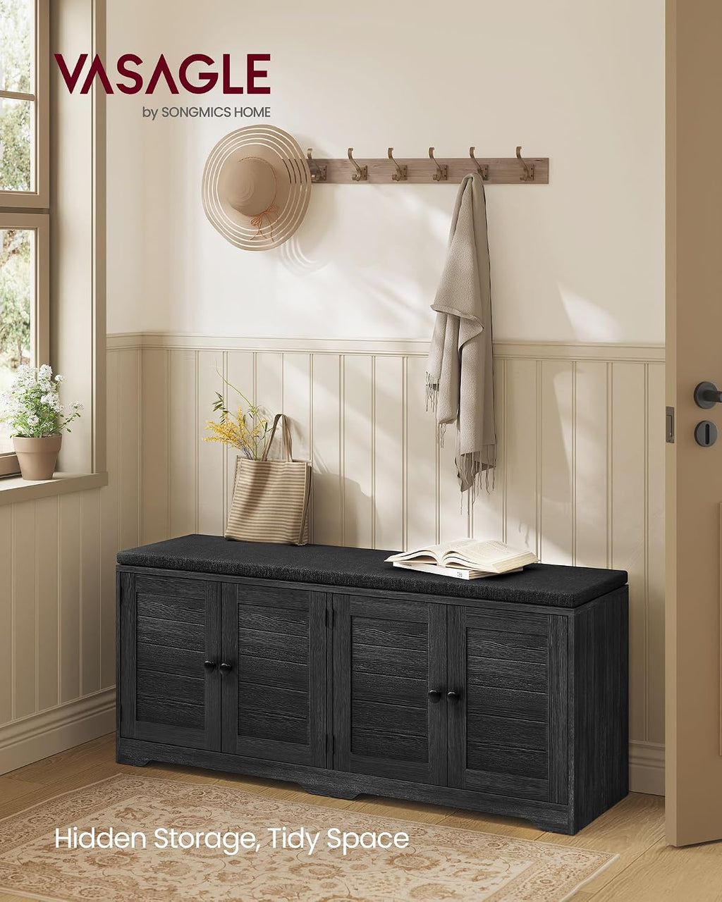 VASAGLE Shoe Storage Bench with Cushion, 3-Tier Entryway Bench with Padded Seat, Doors, Adjustable Shelves, 14 x 47.6 x 20.7 Inches, for Hallway, Bedroom, Charcoal Gray and Ink Black ULSB048BA01
