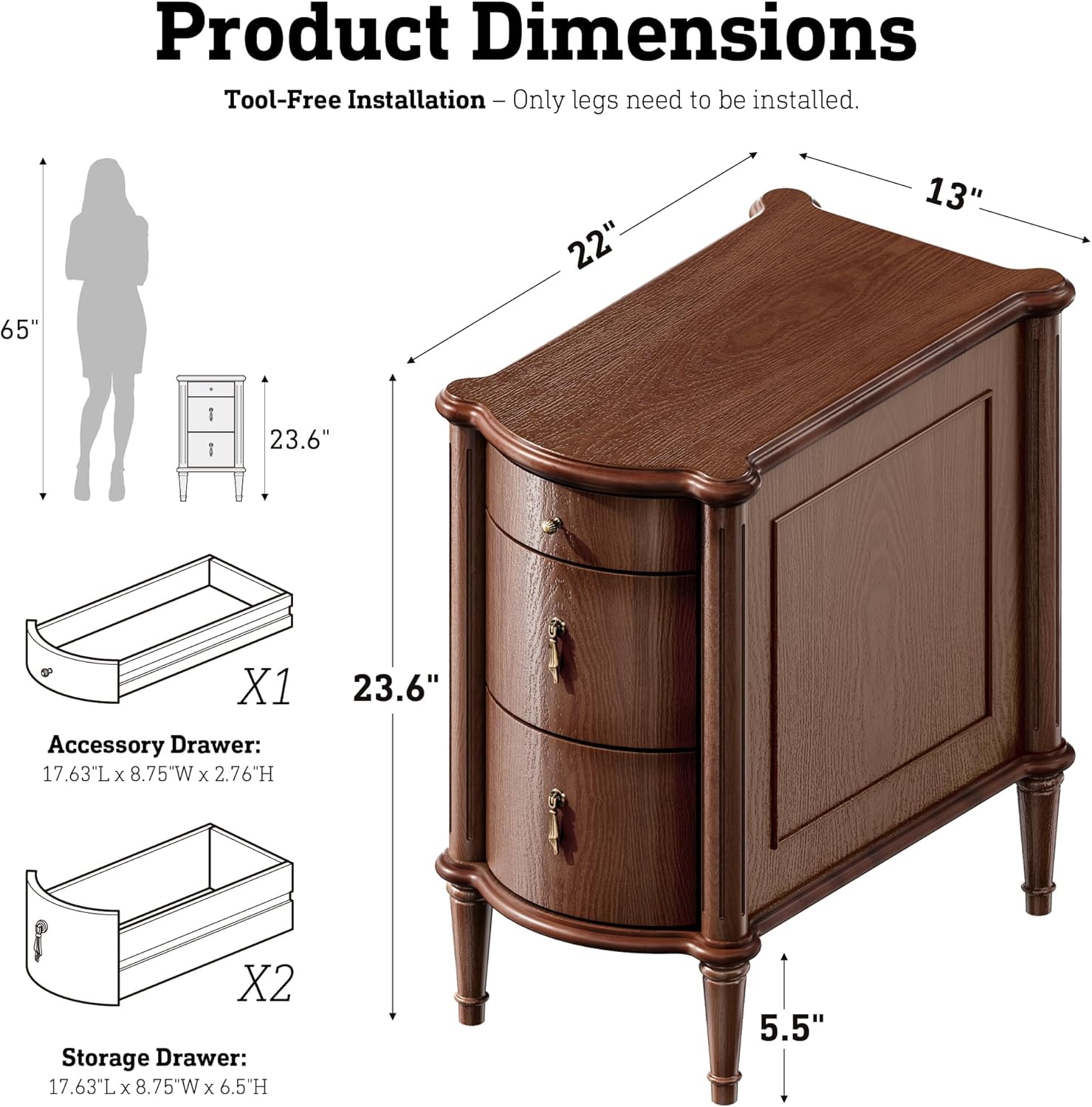 STO'SENSE Nightstand Set of 2 w/Charging Station & 3 Drawers, Pre-Assembled, Vintage Side Table w/Antique-Finished Pulls, Rustic Wood Finish, Narrow End Table w/Turned Legs for Bedroom, Brown