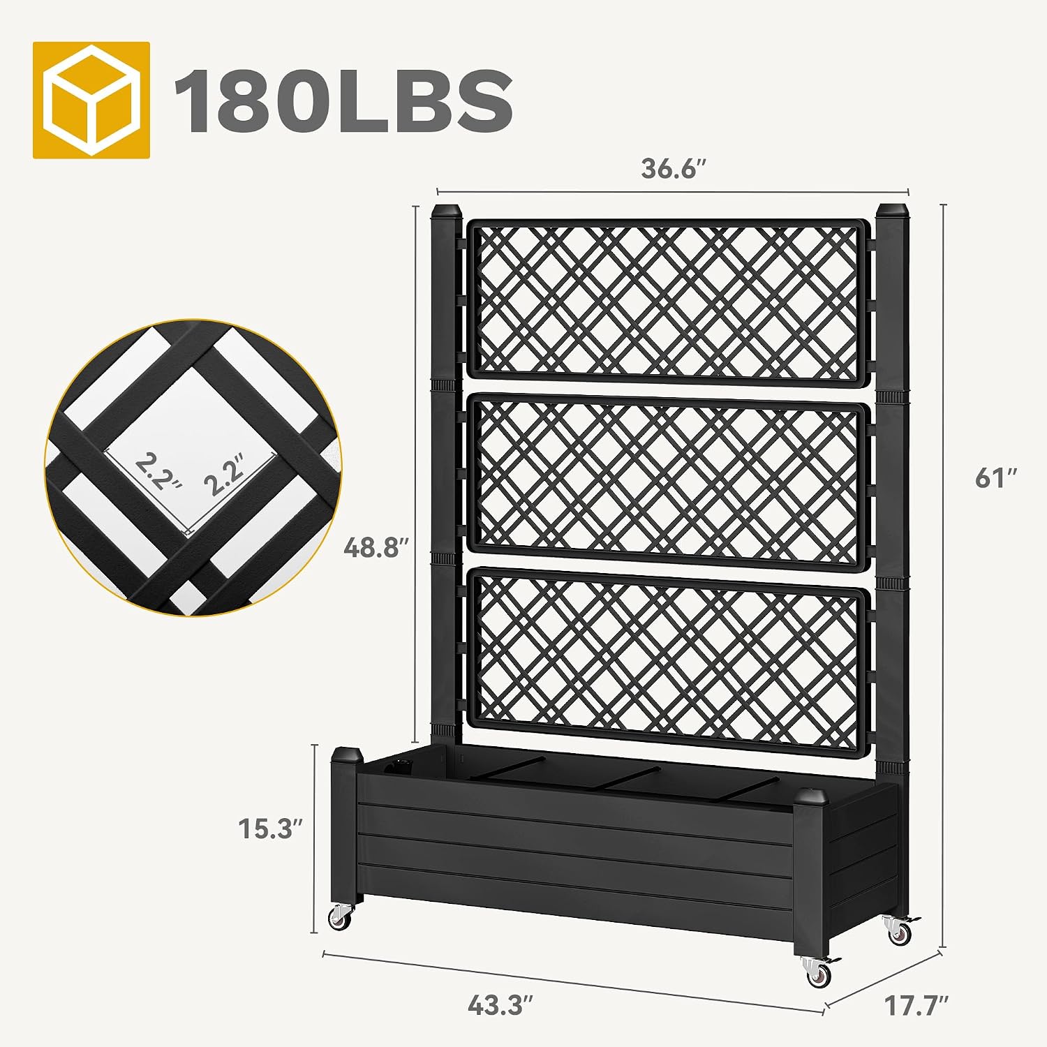 DWVO 3.6 x 1.5 x 5 FT Raised Garden Bed with Trellis, Large Outdoor Planter Trellis Box with Drainage Holes and Wheels for Climbing Plants, Black