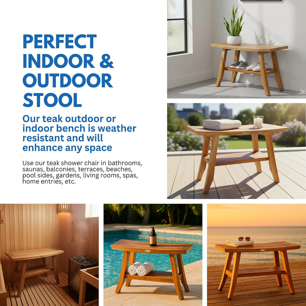 EcoDecors 28' Satori Teak Shower Bench –Bath Seat, Natural Wood Finish Water-Resistant Spa Bench | Slatted Design & Adjustable Feet for Indoor Outdoor Use | Sturdy & Safe