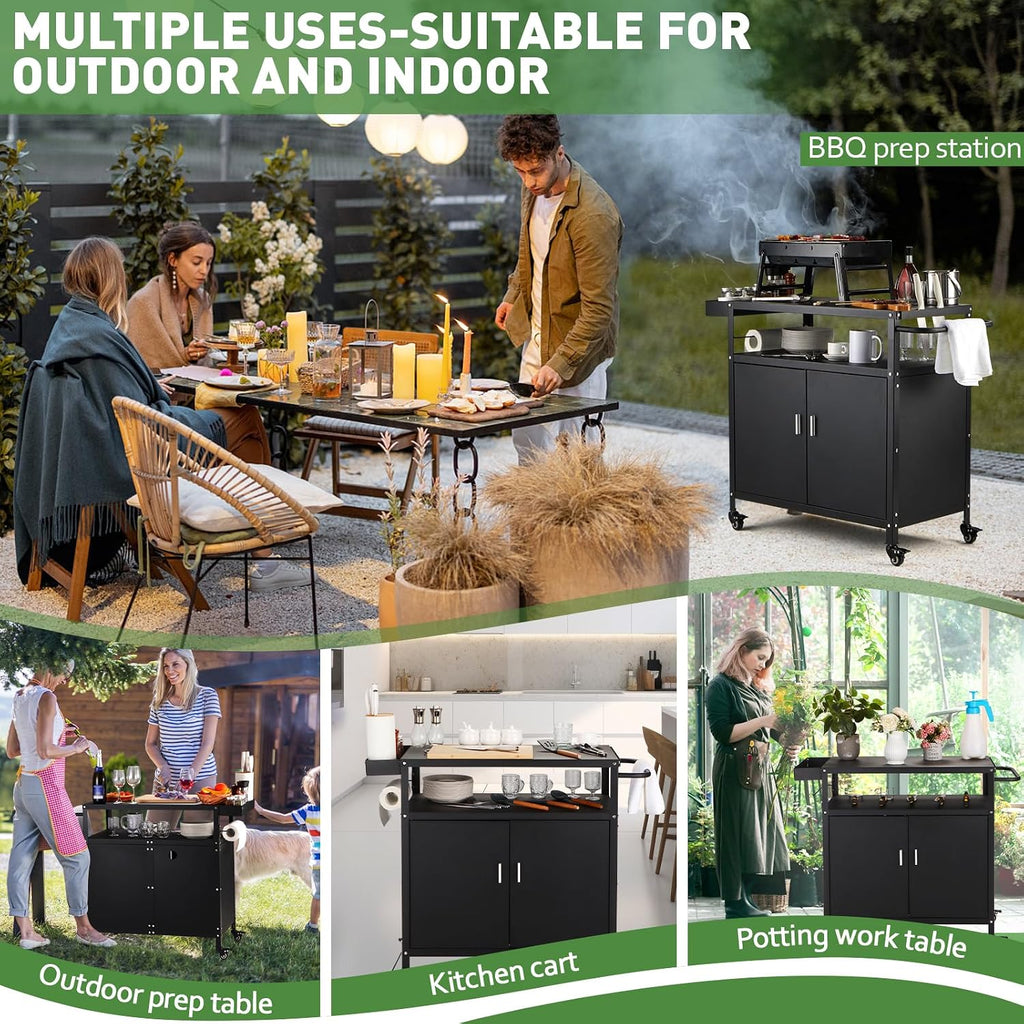Outdoor Grill Cart with Storage Cabinet, Pizza Oven Stand Table with Wheels for Outside, Patio, Kitchen, Movable Outdoor Food Prep Table for Grill, BBQ