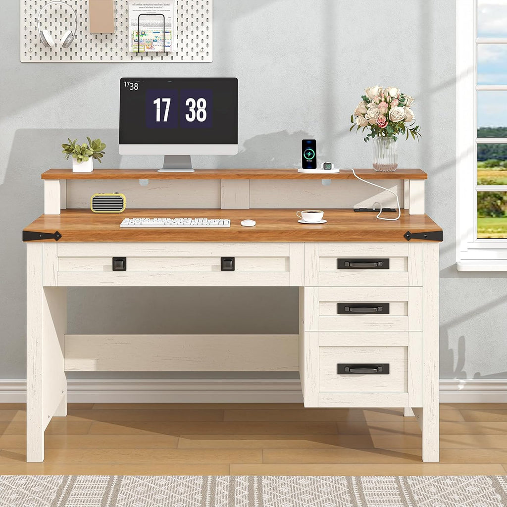 YOMILUVE Farmhouse Executive Desk with Drawers, 47' Computer Desk with Power Outlets, Home Office Desk with Monitor Stand & 4 Drawers, Small Desk Writing Study Table, Antique White