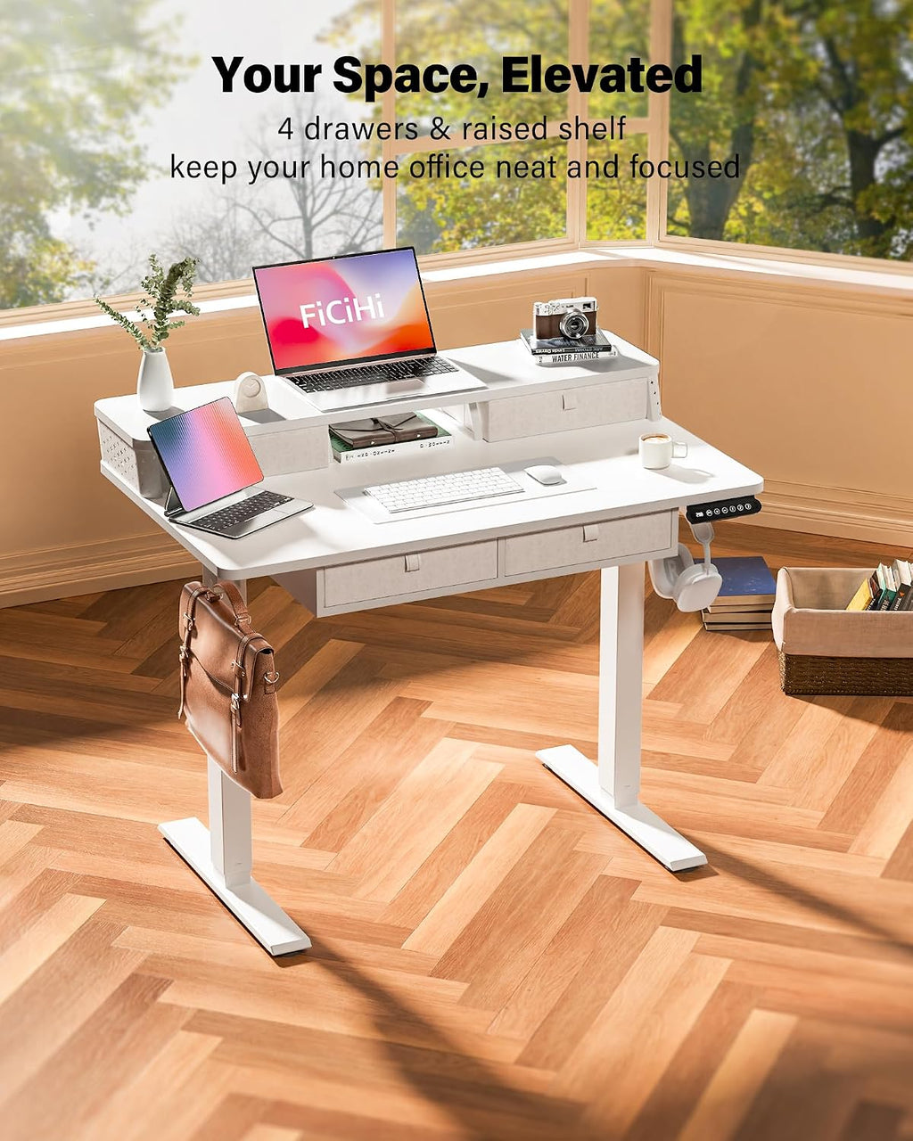 FiCiHi Electric Standing Desk with Four Drawers, 40 x 24 Inch Adjustable Height Sit Stand Desk, C-Clamp Compatible Home Office Desk with Storage Shelf & Monitor Stand Riser, White