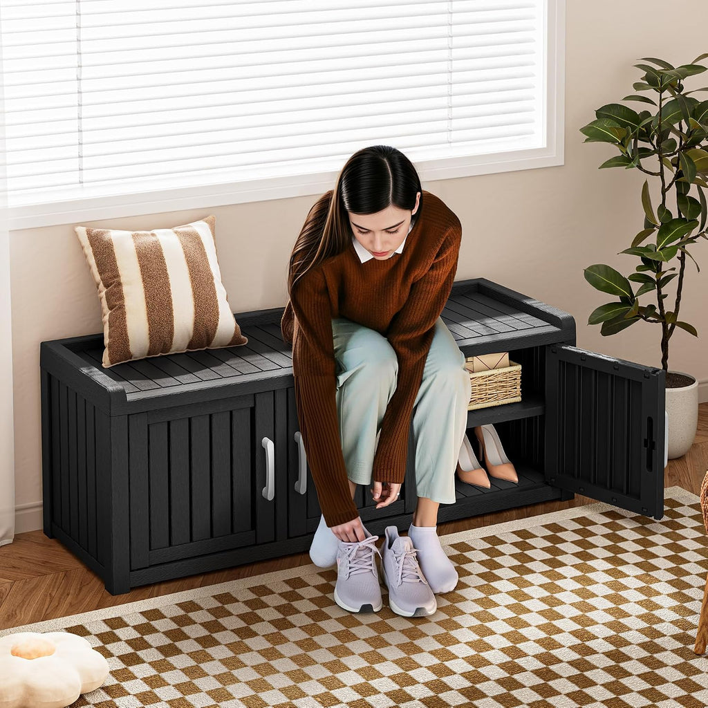 Bifanuo Shoe Storage Cabinet, 3 Door Outdoor Storage Bench with Adjustable Shelves, Waterproof UV-Resistant for Hallway, Living Room, Entryway, Large Capacity Modern Organizer (Black)