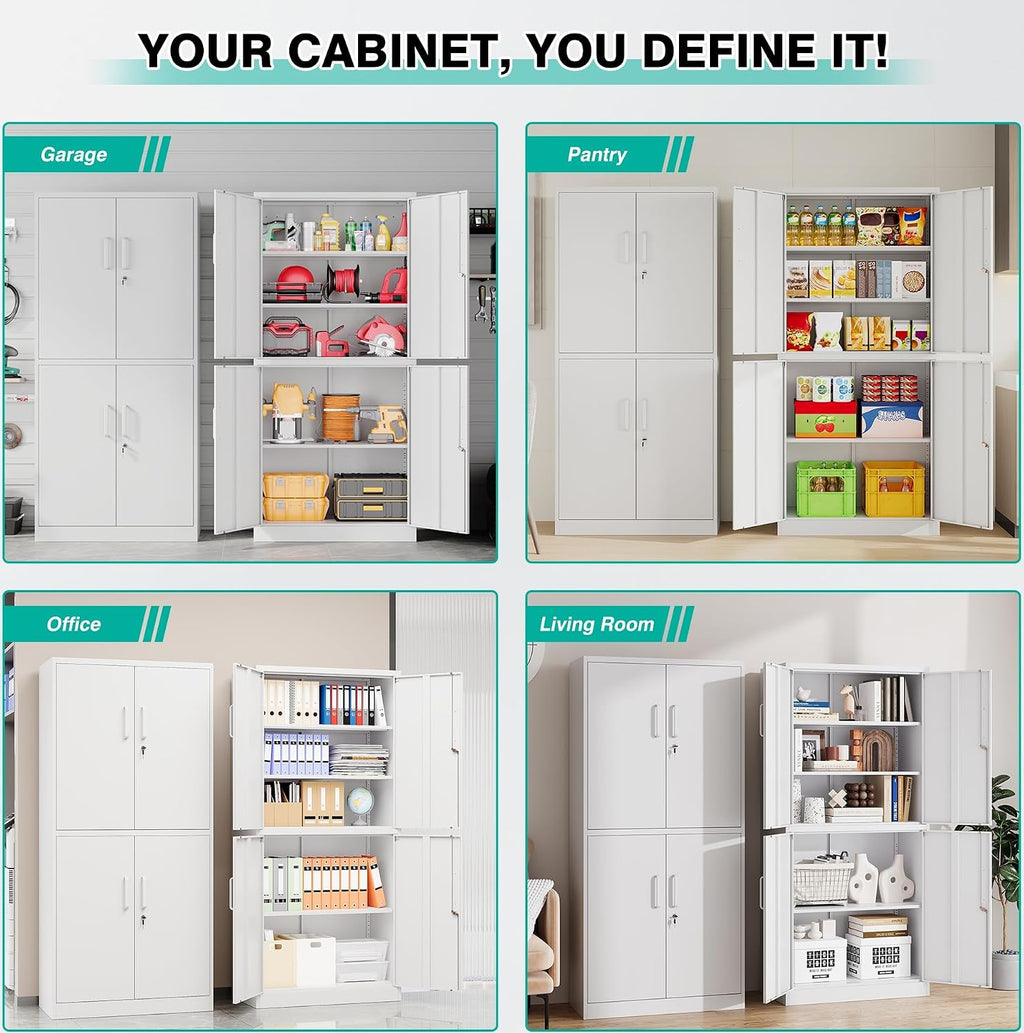 Metal Storage Cabinet with 3 Adjustable Shelves,White Storage Cabinet with Lock,71' Lockable Metal Cabinets with Locking Doors,Tall Steel Pantry Cabinets 4 Door for Home,Office,Garage,Bathroom,Kitchen