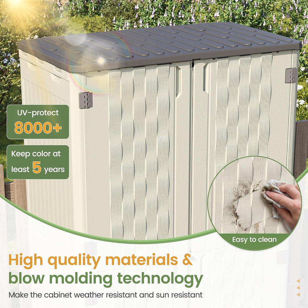 Amopatio 37 Cu Ft Premium Vertical Storage Shed, Outdoor Resin Shed with Floor, Waterproof Weather Resistance Plastic Cabinet, Lockable Doors for Patio, Garden Tools, Lawn, Grey&White