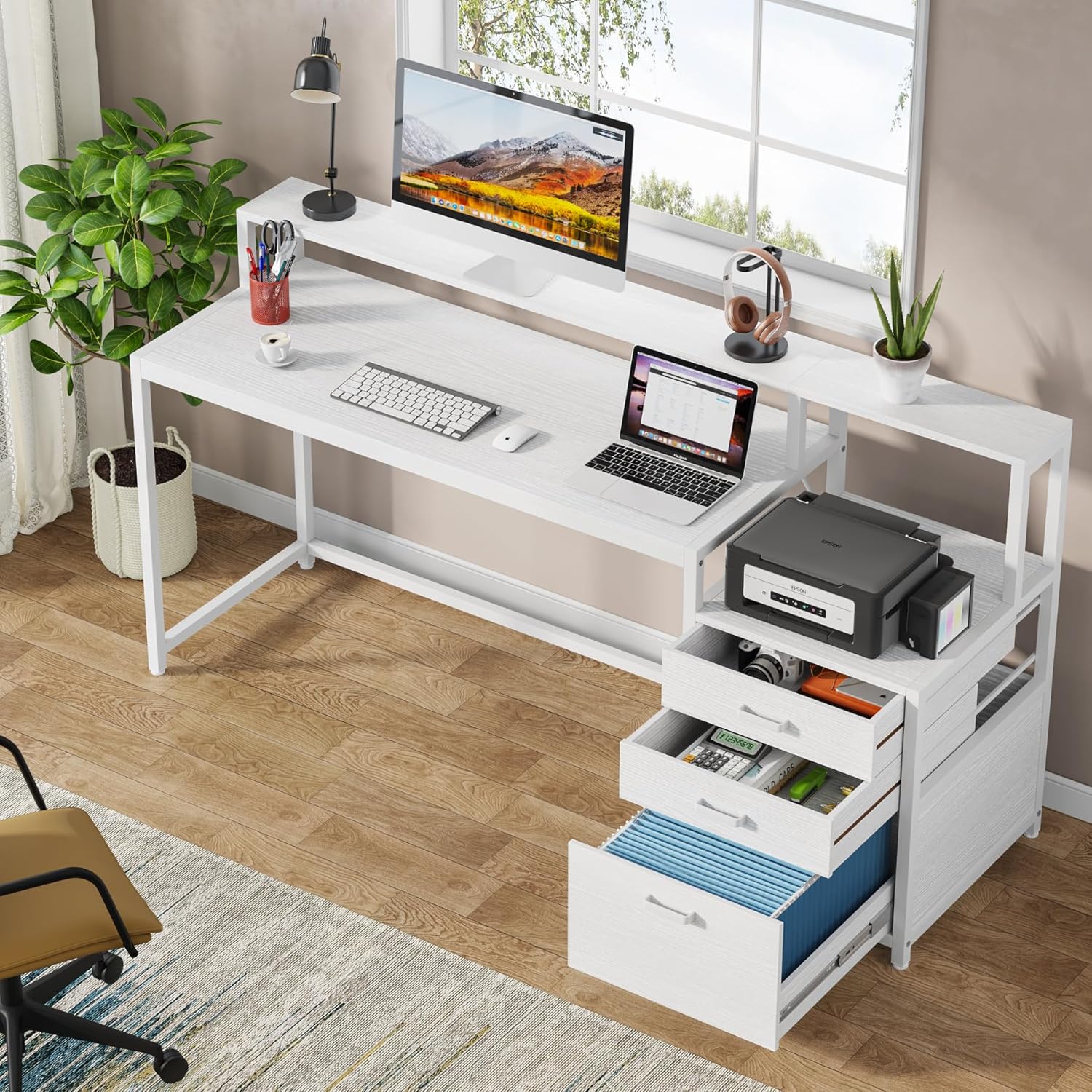 LITTLE TREE 63 Inch Computer Desk with File Drawer Cabinet, Home Office Desks with Ergonomic Monitor Stand