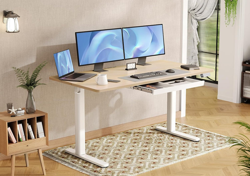 Claiks Standing Desk with Drawers, 55x24 Inch Electric Stand Up Adjustable Height Desk Computer Workstation, Natural