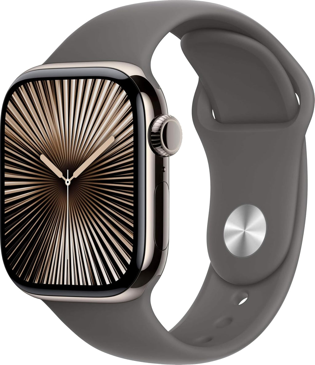 Apple Watch Series 10 [GPS + Cellular, 42mm] - Natural Titanium Case with Stone Gray Sport Band, S/M (Renewed)