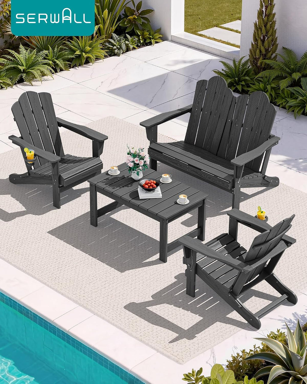 SERWALL Adirondack Bench, HDPE All-Weather Adirondack Loveseat, Outdoor Adirondack Chair for 2, Grey