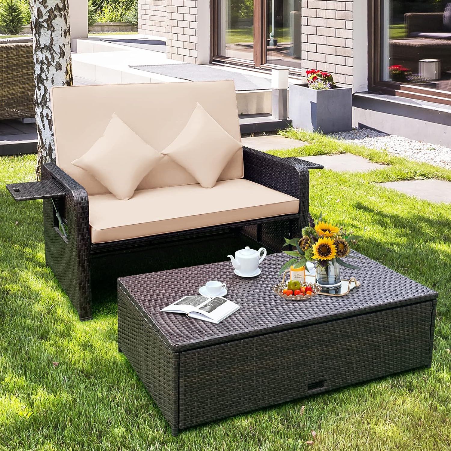 COSTWAY Patio Rattan Daybed with Cushions, Outdoor Wicker Loveseat Sofa with Storage Ottoman, 4-Level Adjustable Backrest, Bed Lounger for Yard, Balcony, Porch, Garden, Pool (Off White)