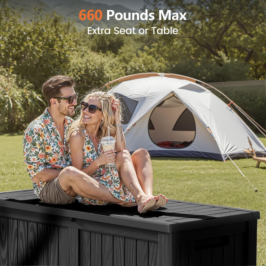 120 Gallon Outdoor Storage Box - Waterproof Resin Deck Box with Stainless Steel Rods - Lockable & Fade Resistant Storage Bin for Patio Cushions & Garden Tools, Black