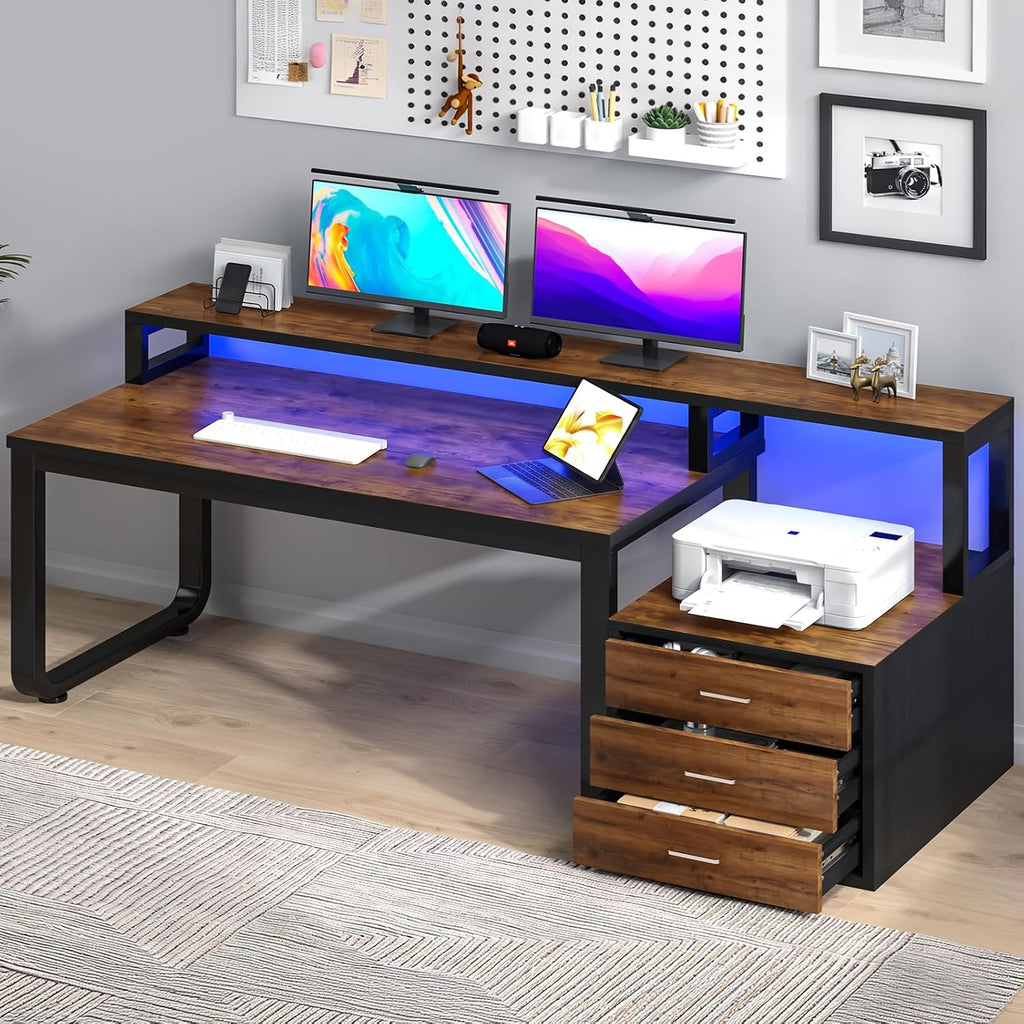 MaverickFurni 67'' Computer Desk with Drawers, Black Desk with Storage and Monitor Stand, Home Office Desk with Printer Shelf and LED Lights, Black and Walnut