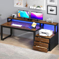 MaverickFurni 67'' Computer Desk with Drawers, Black Desk with Storage and Monitor Stand, Home Office Desk with Printer Shelf and LED Lights, Black and Walnut