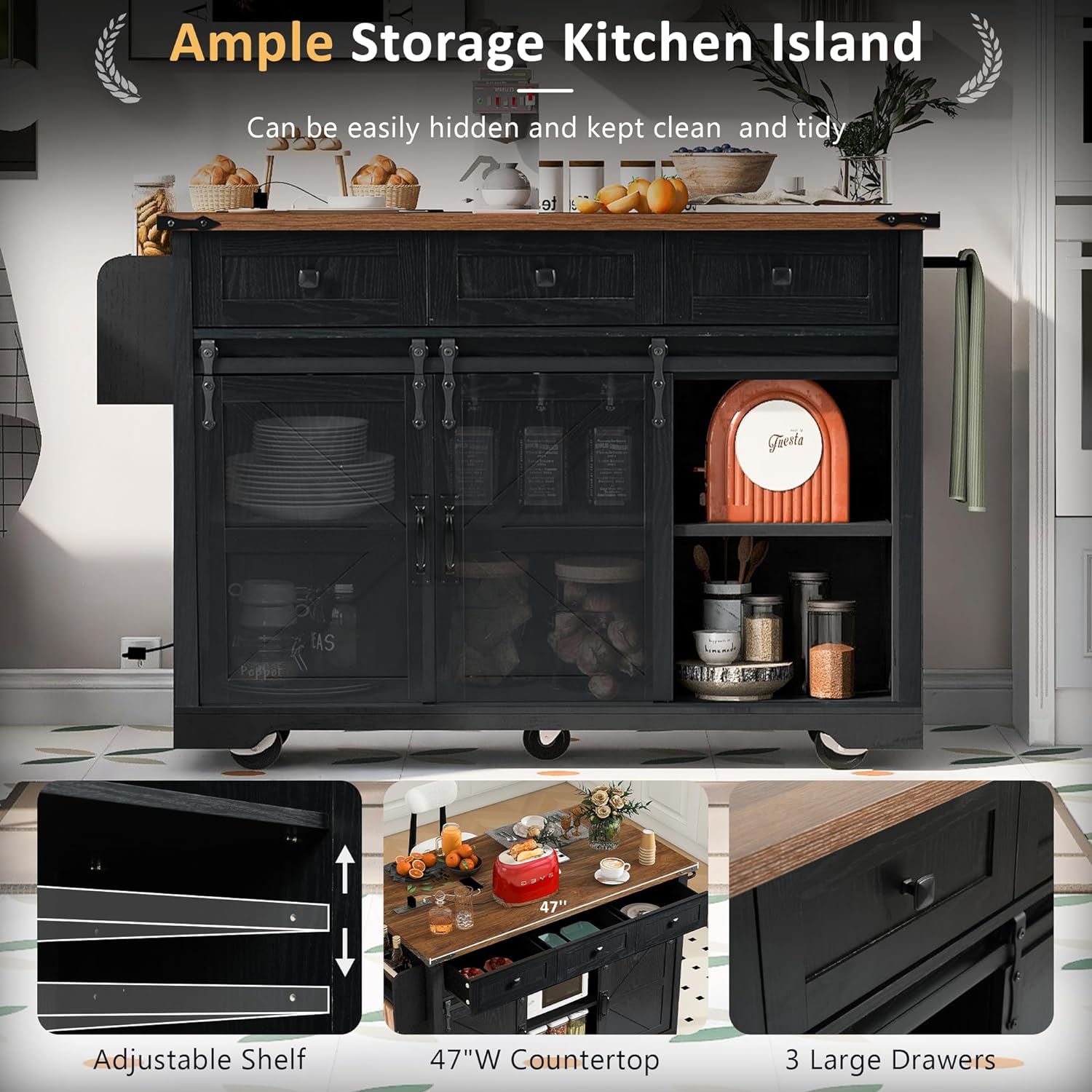 53.7' Farmhouse Kitchen Island with Power Outlet, 2 Sliding Barn Door Kitchen Storage Island with Drop Leaf, Spice Rack Rolling Kitchen Cart on Wheels, for Home, Kitchen and Dining Room, Black