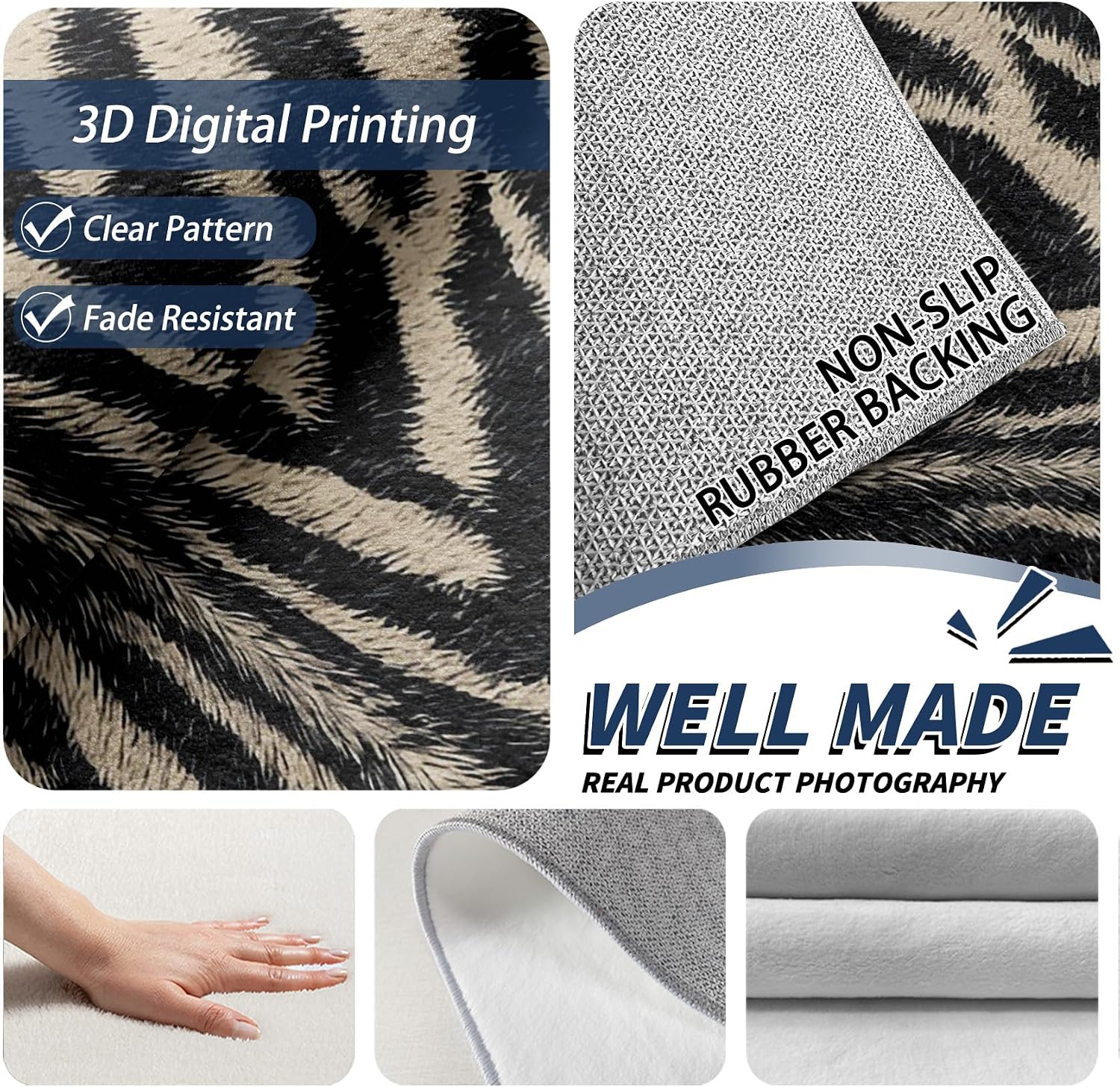Zebra Print Rug Runner 3x10 - Washable Non Slip Runner Rug for Hallway - Zebra Skin Kitchen Rugs - Animal Print Wildlife Carpet Runners for Hallway, Laundry Room, Bedroom, Bathroom