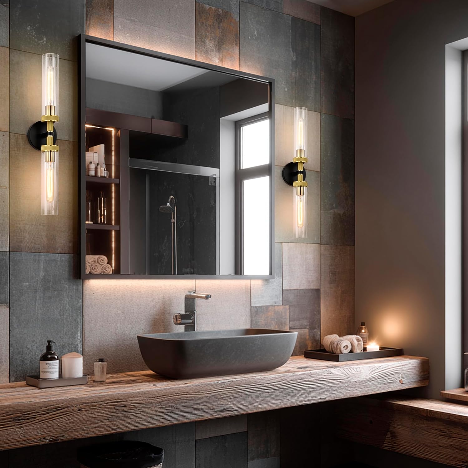LaLuLa 2-Pack Hardwired Black and Gold Bathroom Vanity Light Fixtures – Modern 2-Light Wall Sconces with Knurled Texture and Clear Glass Shades, Bathroom Lighting Fixtures Over Mirror, 25 Inch