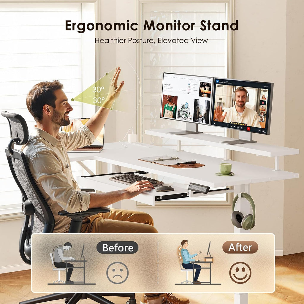 OffiGo 63 Inch L Shaped Electric Standing Desk with Keyboard Tray, Reversible Height Adjustable Corner Computer Desk with Monitor Stand, Sit Stand Up Lift Table for Home, Office, White
