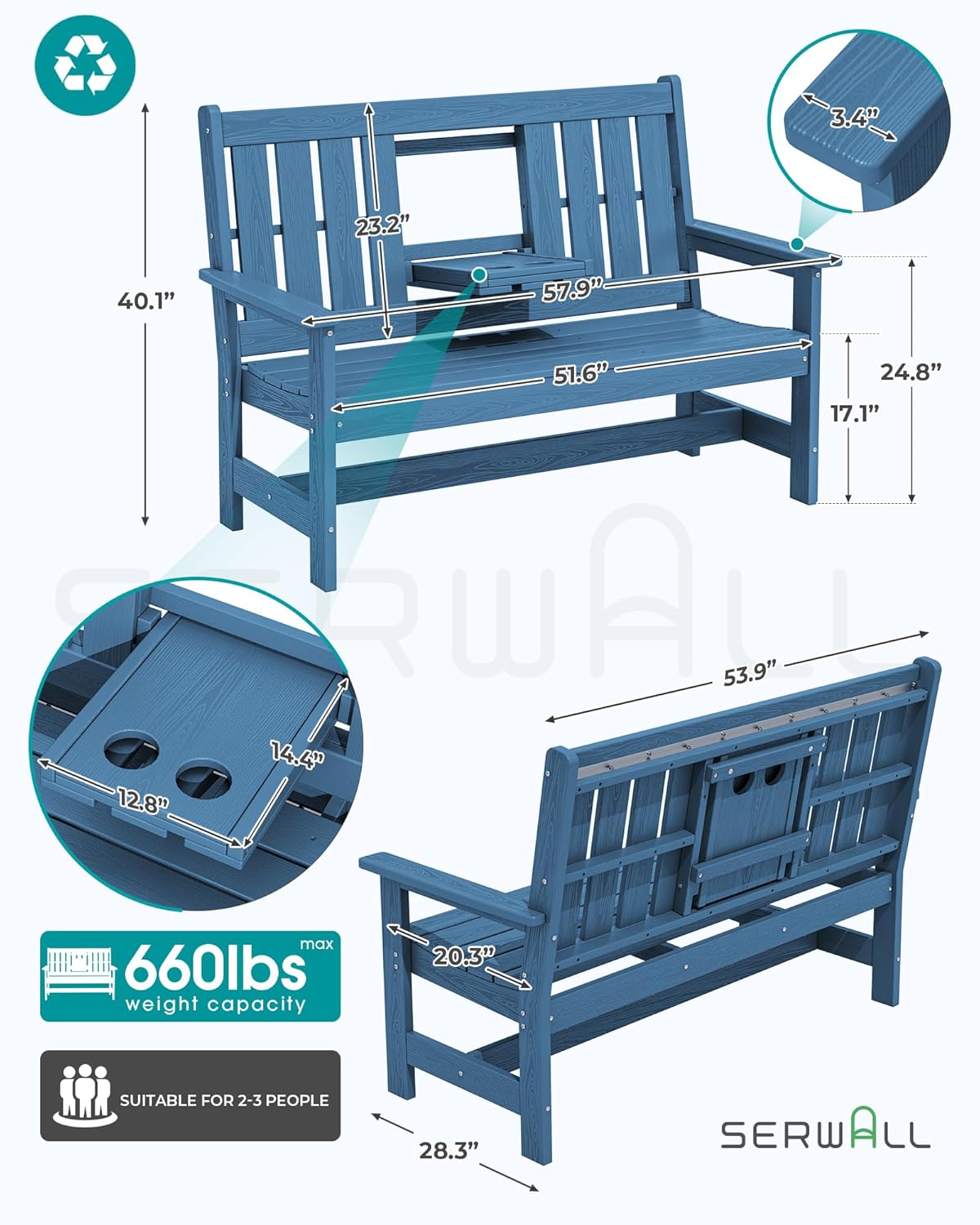 SERWALL Outdoor Bench with Cup Holder, 58' HDPE Front Porch Bench Suitable for 3 Person, All Weather Patio Benches with High Backrest and Wide Armrests for Garden, Park, Yard, Navy